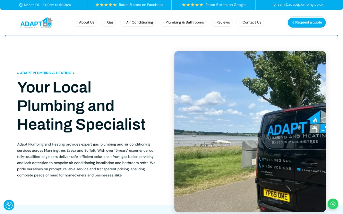 Adapt Plumbing and Heating homepage featuring its local services and branded van