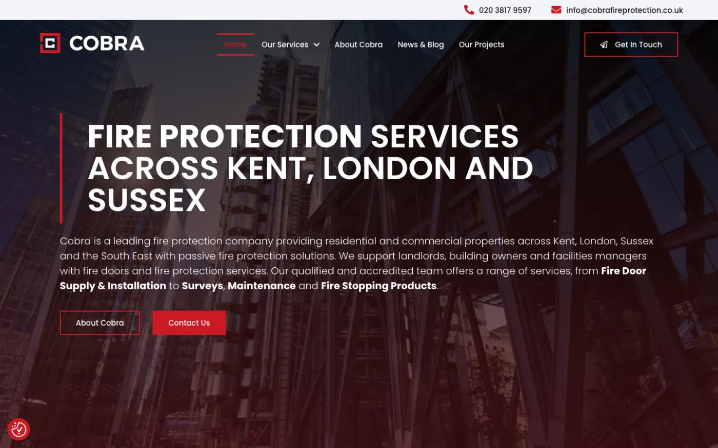 Cobra Fire Protection homepage presenting fire protection services across the South East