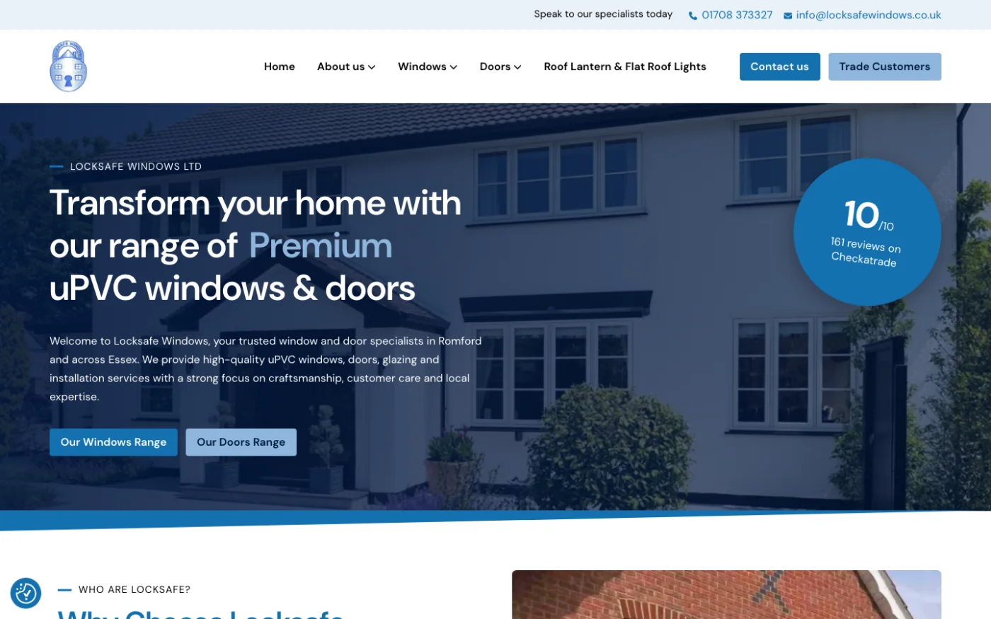 Locksafe Windows homepage showcasing its uPVC windows and doors range