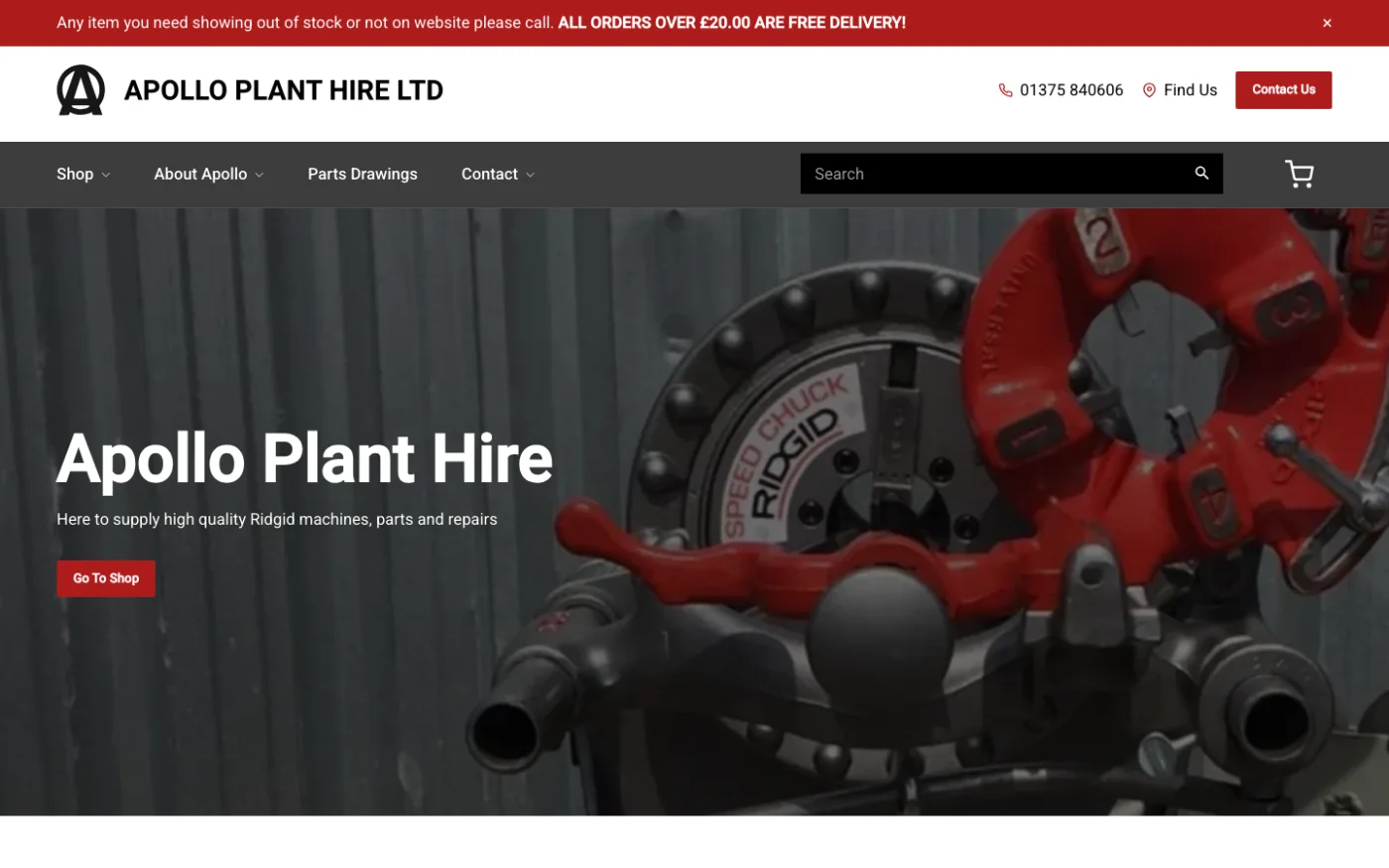 Apollo Plant Hire ecommerce homepage featuring specialist pipe-threading equipment