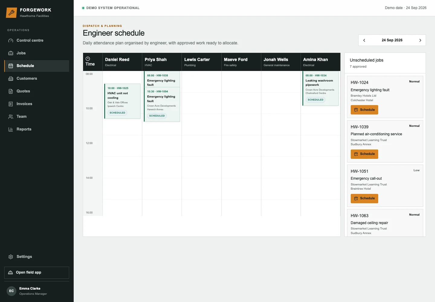 Forgework engineer schedule showing allocated work and unscheduled field-service jobs